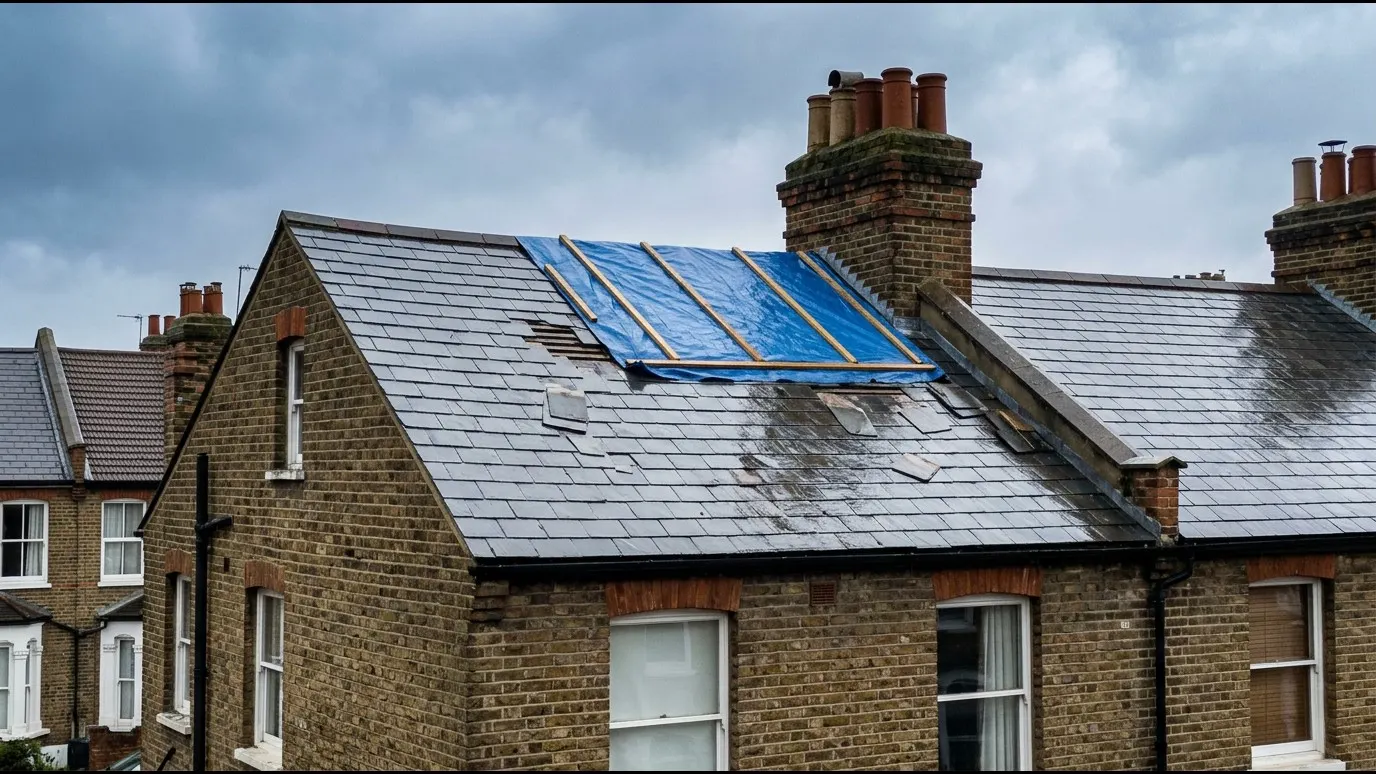 Blue tarpaulin secured over storm damage on the slate roof of a London brick terraced house