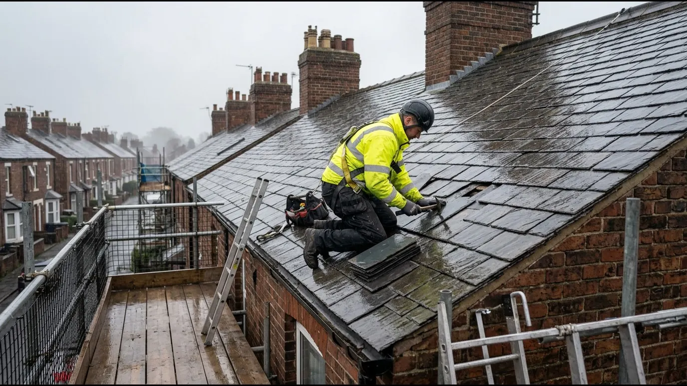 Roofer in hi-vis and harness replacing slates in the rain to make a terraced house roof watertight