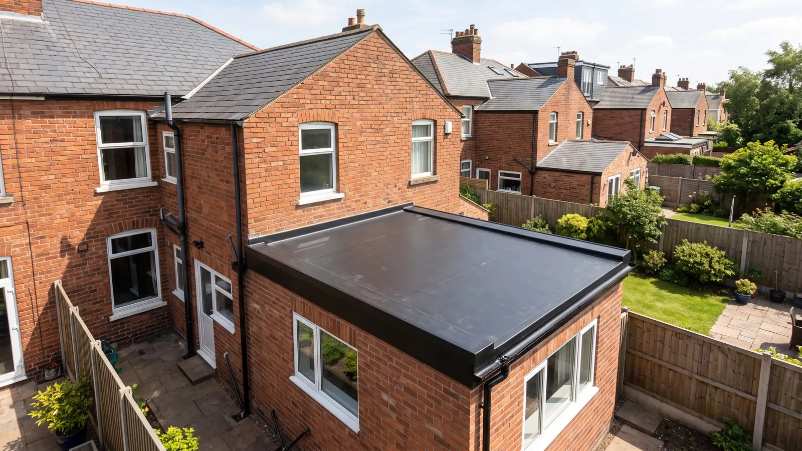 Finished black EPDM rubber flat roof with edge trims on a red brick rear extension of a British semi-detached house