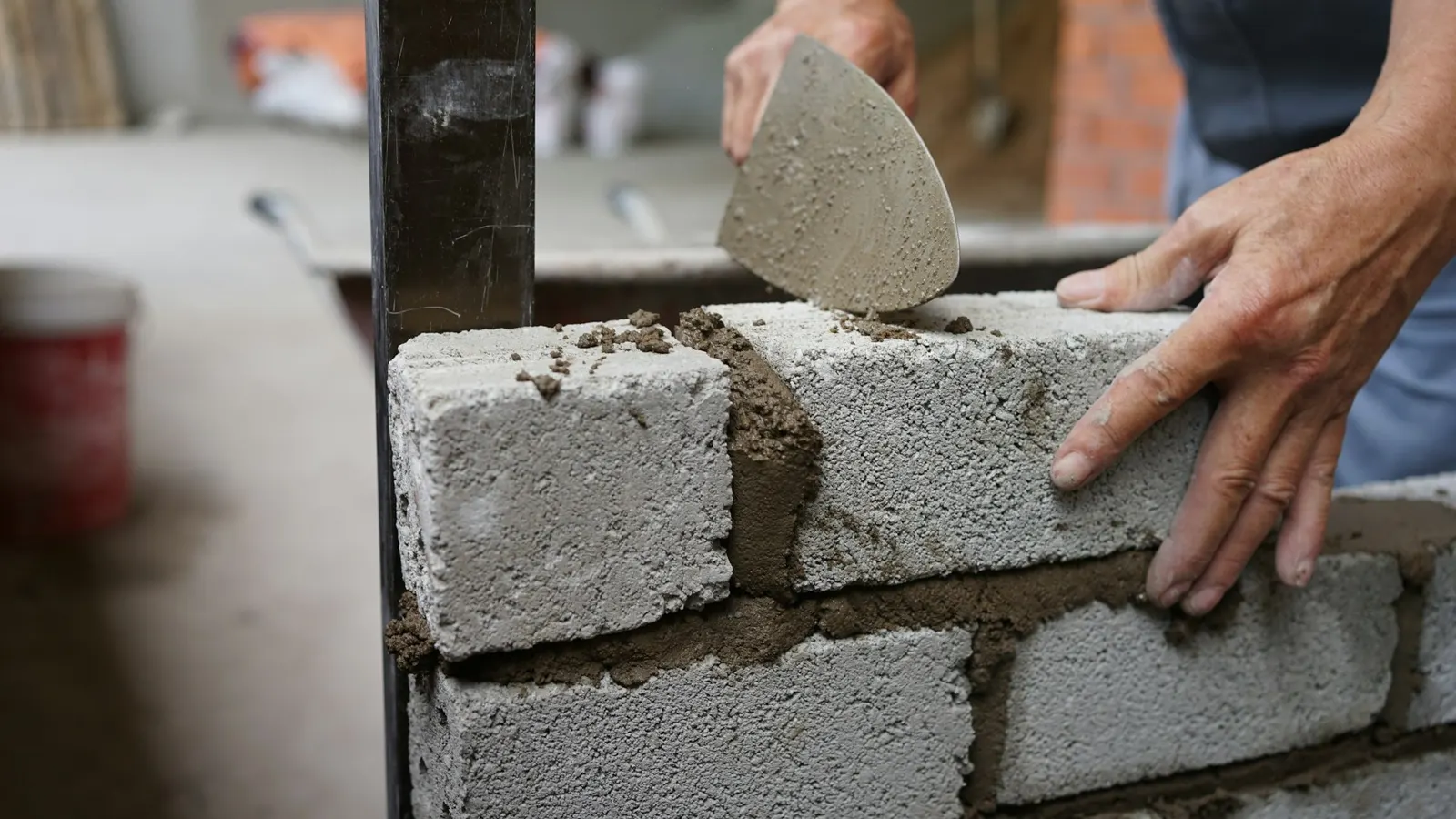 Builder laying concrete blocks with a trowel and mortar