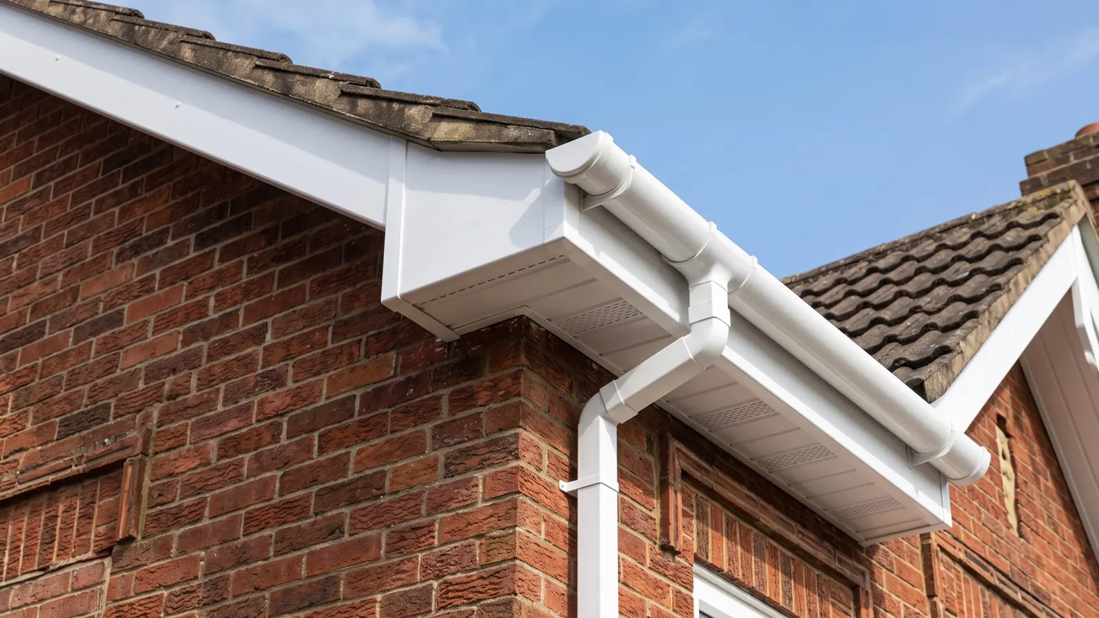 New white uPVC fascia boards, vented soffits, half-round gutter and downpipe on a red brick British house with concrete roof tiles