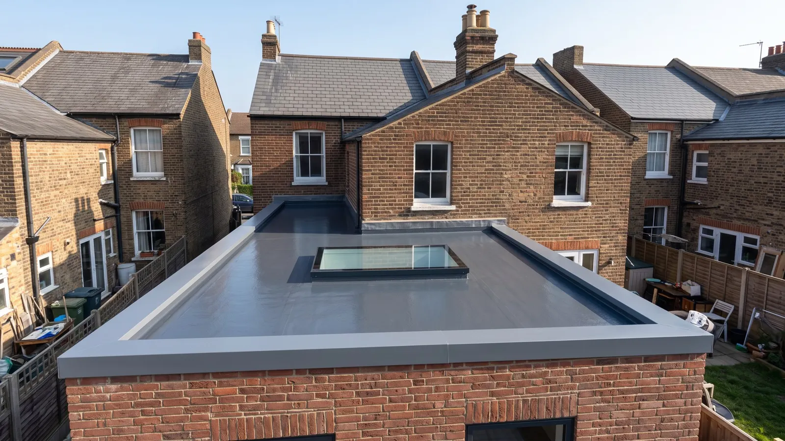 Charcoal grey seamless GRP fibreglass flat roof with flat glass rooflight on a brick rear extension of a London terraced house