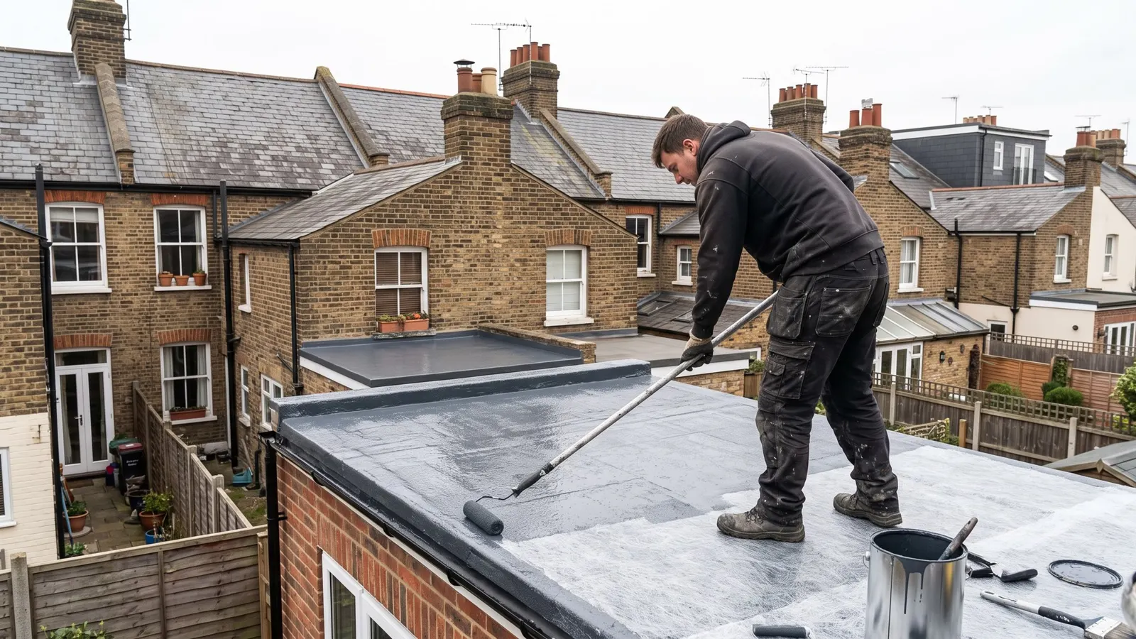 Roofer applying grey GRP topcoat with a roller on a fibreglass flat roof of a London house extension
