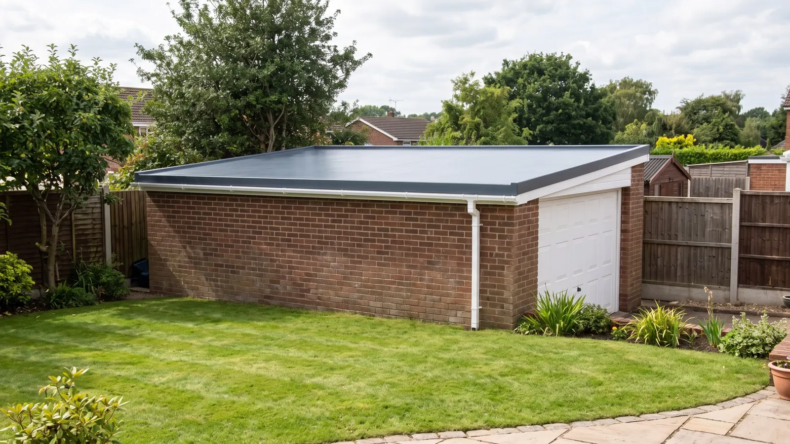 Dark grey GRP fibreglass flat roof with trims and white guttering on a red brick garden garage