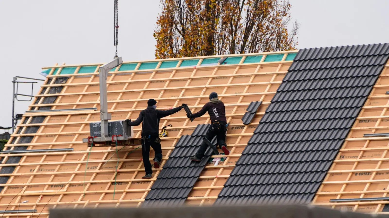 Roofers laying new dark roof tiles over fresh battens and breathable membrane