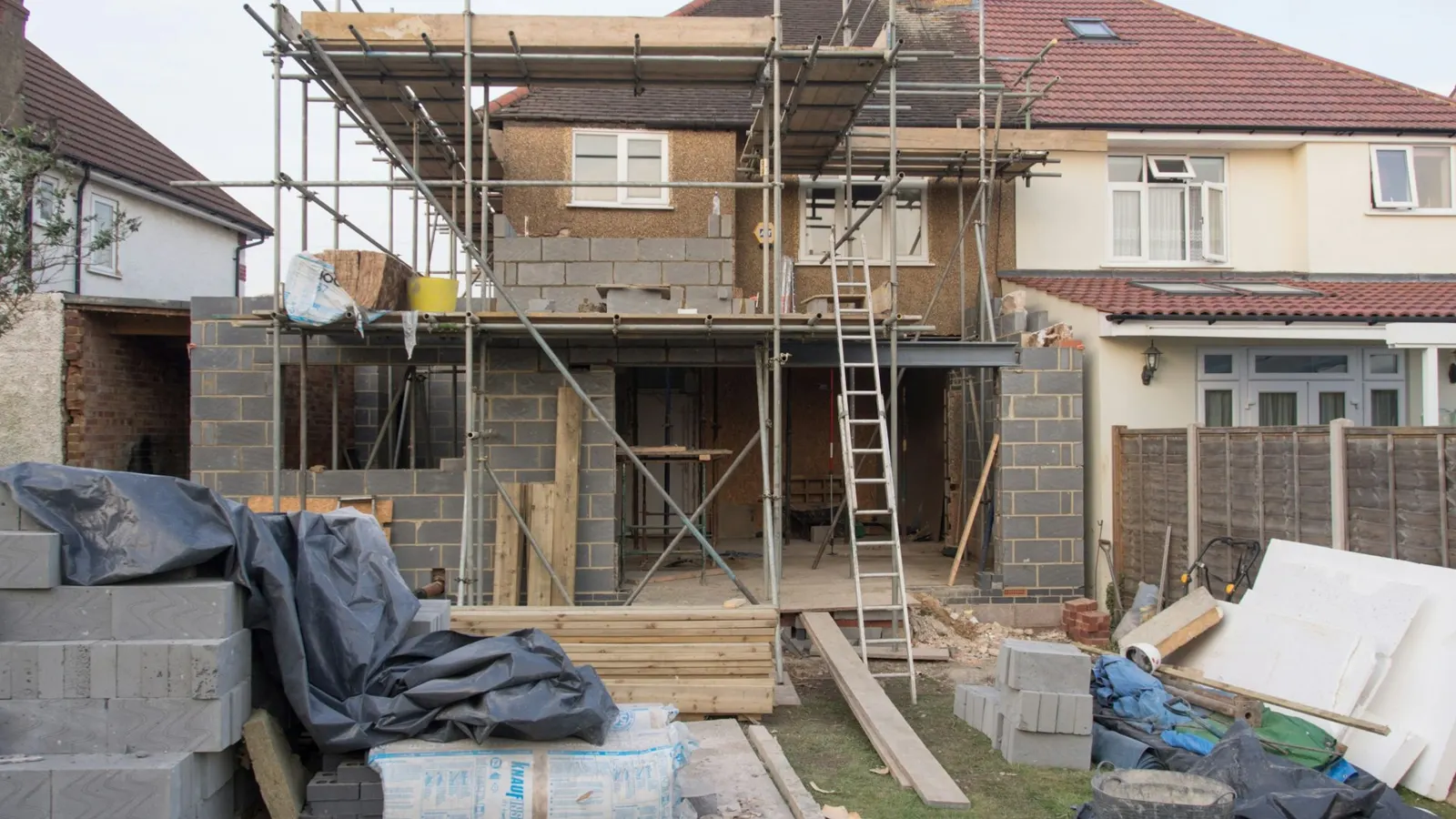 Scaffolding around a UK house during roof and extension works